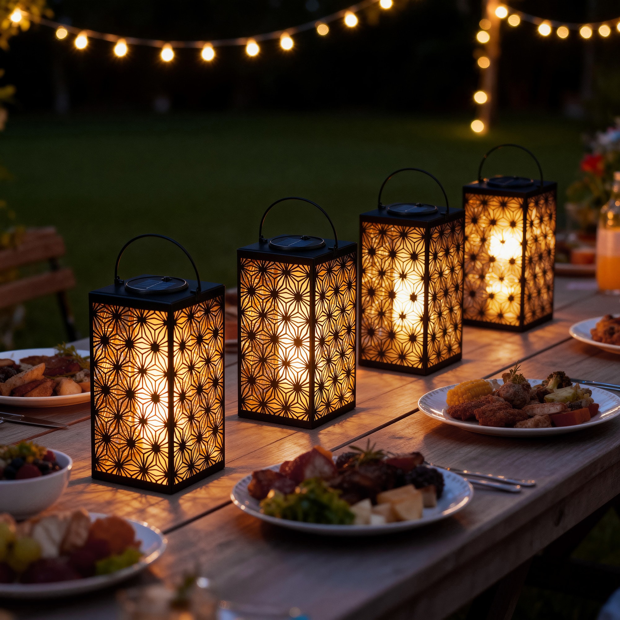 Glitzhome® 11" Set of 2 LED Black Metal Cutout Pattern Solar Powered Hanging Lantern